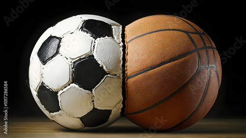 A split ball combining soccer and basketball designs.