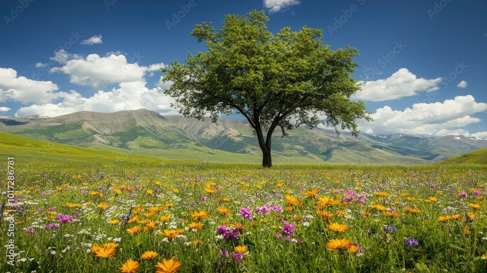 A solitary tree surrounded by vibrant wildflowers in a sprawling meadow, capturing the beauty of nature in full bloom. A solitary tree surrounded by vibrant wildflowers in a sprawling meadow, capturing the beauty of nature in full bloom.
