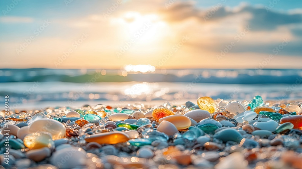 Brightly colored sea glass and stones scattered on a beach, glistening under the midday sun with waves in the background. Brightly colored sea glass and stones scattered on a beach, glistening under the midday sun with waves in the background.