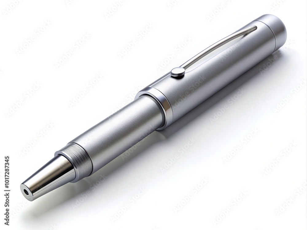 A sleek, silver injection pen lying on a white background, with a subtle shadow, highlighting its modern design and precise insulin delivery system. A sleek, silver injection pen lying on a white background, with a subtle shadow, highlighting its modern design and precise insulin delivery system.