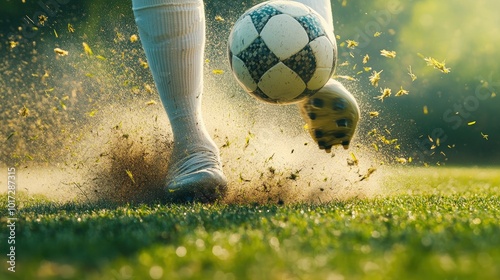 Close-up of a soccer player's foot making contact with the ball, with grass flying up from the turf in a dynamic action scene. photo