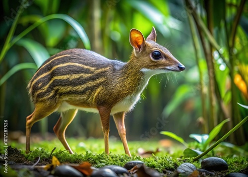 A solitary CHEVROTAIN (mouse deer), with distinctive white stripes on its back, cautiously steps through a misty, low-lit tropical rainforest underbrush. photo