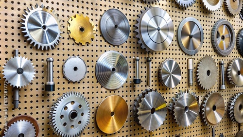 Assorted metal sawblades of various sizes and tooth configurations hang from a pegboard, ready for use in woodworking, carpentry, and DIY projects. photo