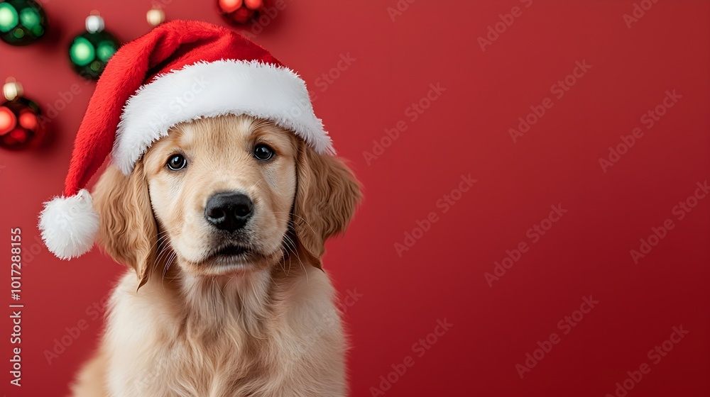 Adorable golden retriever puppy in a Christmas hat Adorable golden retriever puppy in a Christmas hat
