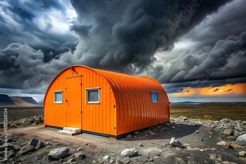 A sturdy, prefabricated emergency shelter stands alone in a desolate, stormy landscape, its bright orange color and rugged design signaling hope and resilience in adversity. photo