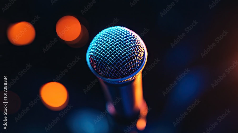 Dynamic close-up of a microphone on a stand, spotlight shining on it, with the background fading into darkness. Dynamic close-up of a microphone on a stand, spotlight shining on it, with the background fading into darkness.
