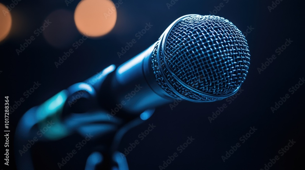 Dynamic close-up of a microphone on a stand, spotlight shining on it, with the background fading into darkness. Dynamic close-up of a microphone on a stand, spotlight shining on it, with the background fading into darkness.
