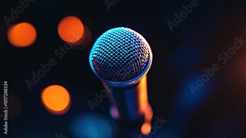 Dynamic close-up of a microphone on a stand, spotlight shining on it, with the background fading into darkness.