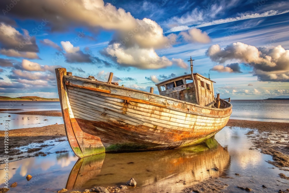 A weathered, rusty old boat sits idle on a deserted beach at low tide, its worn wooden hull and faded sail a testament to years of neglect. A weathered, rusty old boat sits idle on a deserted beach at low tide, its worn wooden hull and faded sail a testament to years of neglect.