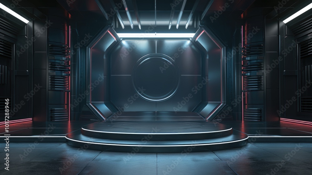 Futuristic Sci-Fi Room with Circular Platform and Neon Lights Futuristic Sci-Fi Room with Circular Platform and Neon Lights