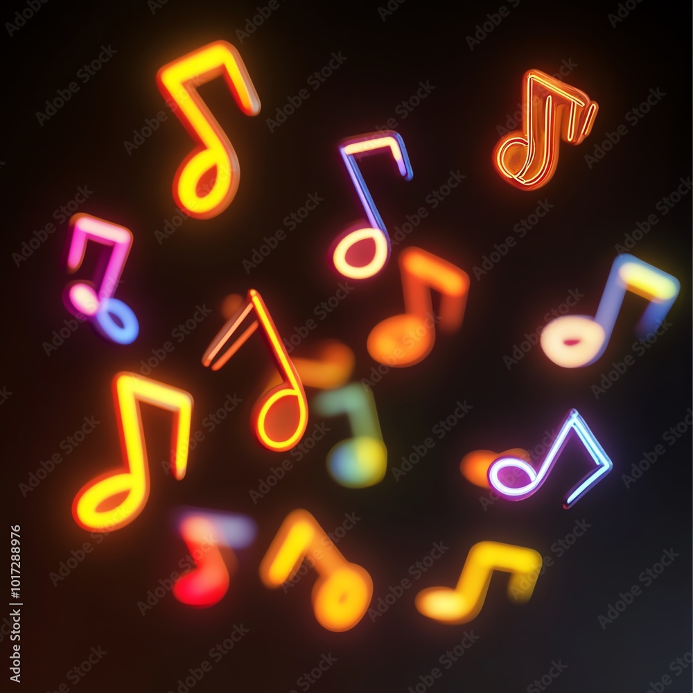 Vibrant and colorful musical notes on a black background, glowing with energy, symbolizing harmony and rhythm in abstract art. Vibrant and colorful musical notes on a black background, glowing with energy, symbolizing harmony and rhythm in abstract art.