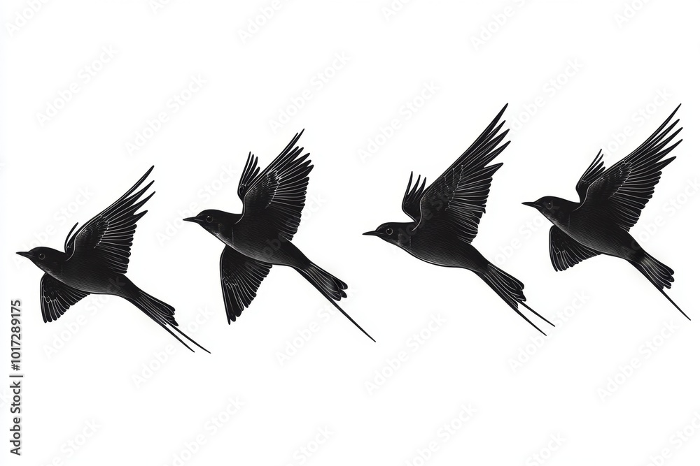 Obraz premium Black Bird Silhouettes Flying in Formation Isolated on White Background