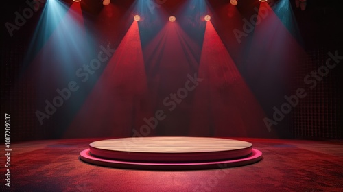 Circular Wooden Platform Illuminated by Red and Blue Spotlights