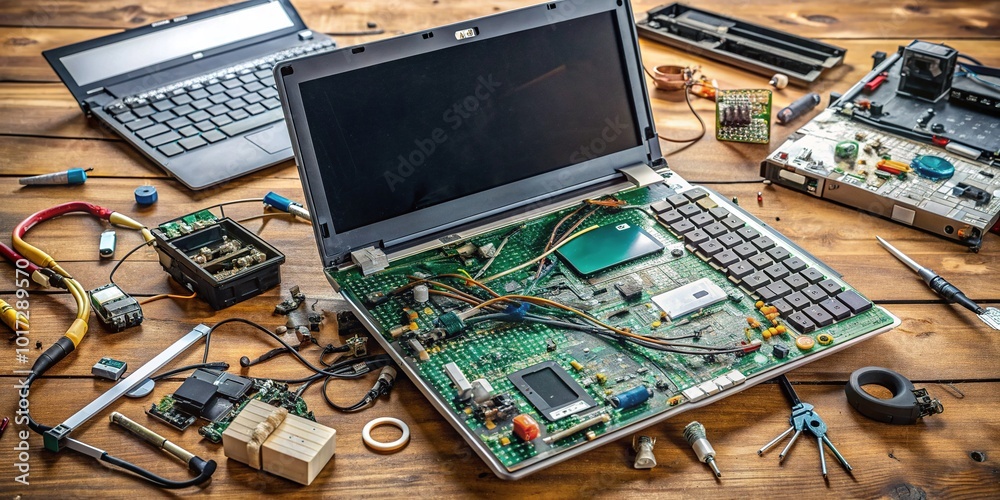 Broken laptop lies disassembled on a cluttered workbench, surrounded by scattered circuit boards, wires, and tools, amidst a mess of busted components and scraps. Broken laptop lies disassembled on a cluttered workbench, surrounded by scattered circuit boards, wires, and tools, amidst a mess of busted components and scraps.