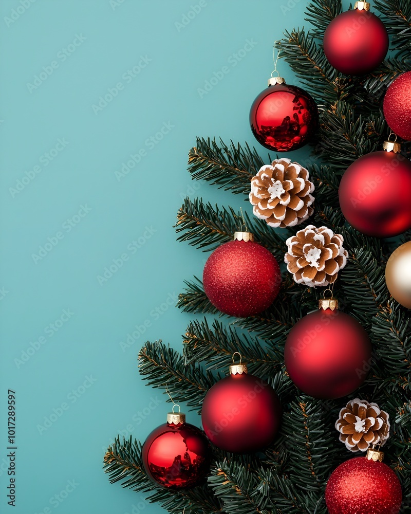 Fototapeta premium Festive Christmas tree decorations with ornaments and pinecones