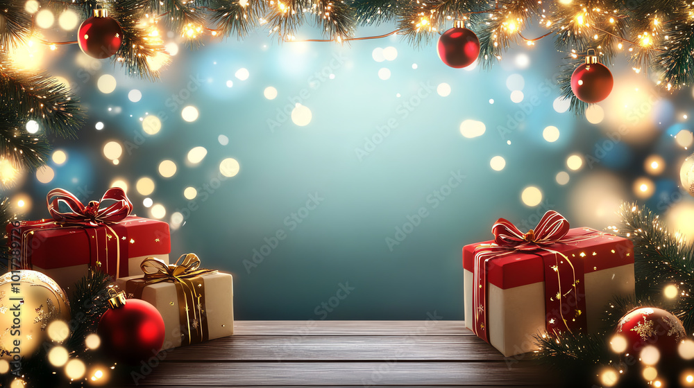 Festive holiday scene with shimmering lights, decorated gifts, and a warm atmosphere, perfect for Christmas celebrations. Festive holiday scene with shimmering lights, decorated gifts, and a warm atmosphere, perfect for Christmas celebrations.