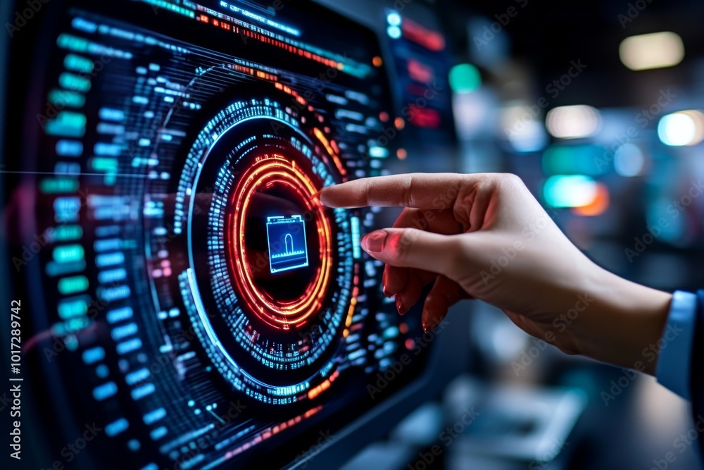 Futuristic depiction of a digital security system detecting an insider threat, with holographic alarms flashing as the system locks down the compromised data Futuristic depiction of a digital security system detecting an insider threat, with holographic alarms flashing as the system locks down the compromised data