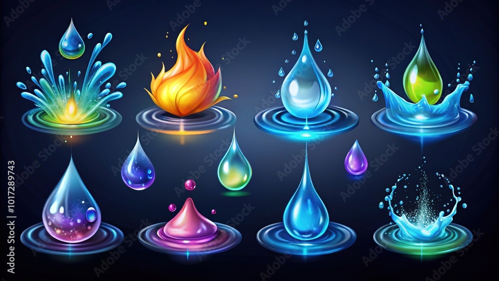 Cartoon-style vector icons representing water elements like drops, splashes, puddles, waterfalls, and teardrops, all displayed prominently on a dark backdrop for visual impact. Cartoon-style vector icons representing water elements like drops, splashes, puddles, waterfalls, and teardrops, all displayed prominently on a dark backdrop for visual impact.