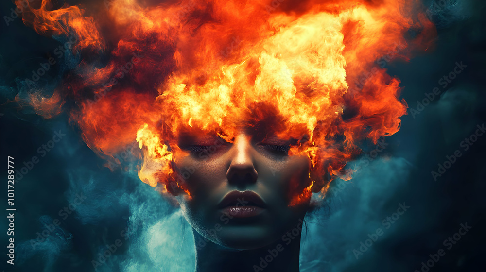 A surreal depiction of a woman with flames for hair. A surreal depiction of a woman with flames for hair.