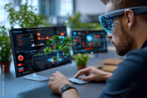 Futuristic image of a corporate office filled with holographic interfaces, where an insider threat is manipulating data invisibly, with AI security systems responding