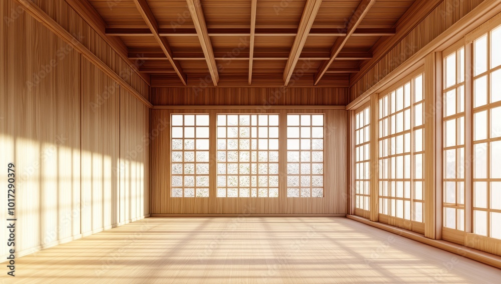 Wooden wall, wooden ceiling, large window on the right side of the room, empty space in the center of the picture, bright light coming from the windows, Japanese-style interior design Wooden wall, wooden ceiling, large window on the right side of the room, empty space in the center of the picture, bright light coming from the windows, Japanese-style interior design