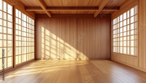 Wooden wall and ceiling, empty room with light coming from windows, Japanese interior design