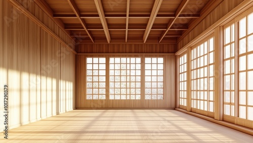 Wooden wall, wooden ceiling, large window on the right side of the room, empty space in the center of the picture, bright light coming from the windows, Japanese-style interior design