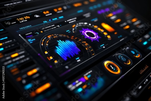 Hyper-realistic close-up of a futuristic dashboard showing global trade data, financial markets, and resource management trends in tomorrowâ€™s economy