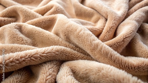 CLOSE-UP OF PLUSH FLEECE FABRIC WITH SOFT, FLUFFY TEXTURE AND SUBTLE SHEEN, EVOKING A SENSE OF WARMTH, COMFORT, AND COZY RELAXATION. photo