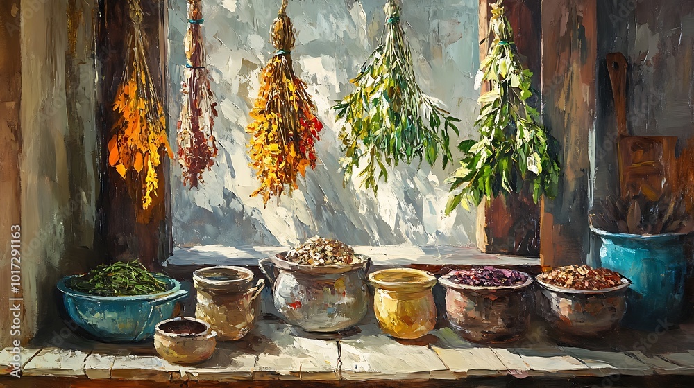 Fototapeta premium Dried Herbs and Flowers in a Rustic Window Setting.