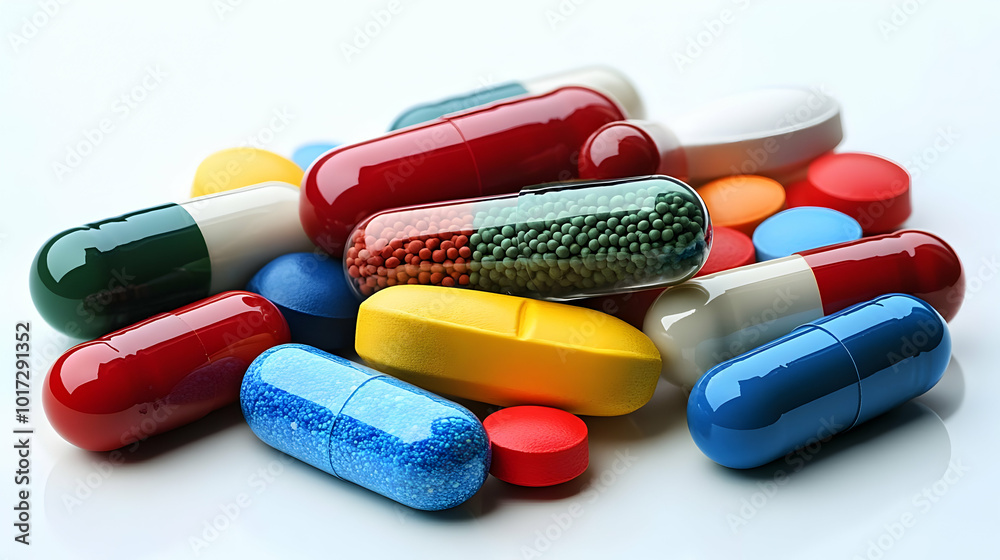 A variety of colorful pills and capsules on a reflective surface. A variety of colorful pills and capsules on a reflective surface.