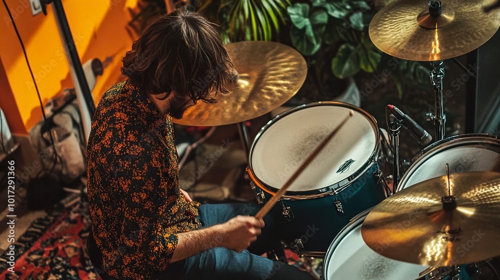 Obraz premium Drummer Playing Drums in Studio - Musical Performance