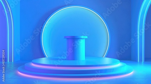 Circular Platform with Blue Neon Lights and a Cylinder