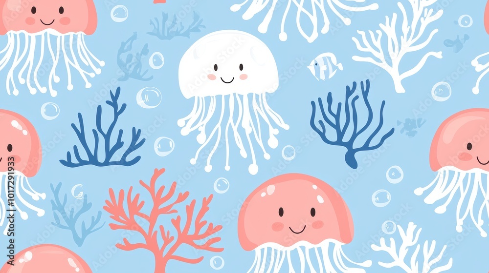 Seamless repetitive pattern of beautiful jellyfish. Artistic illustration Seamless repetitive pattern of beautiful jellyfish. Artistic illustration