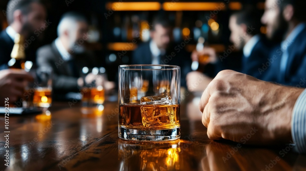 Close-up of a businessman giving a presentation, a glass of whiskey in hand, as the team drinks and discusses strategies around a table filled with bottles Close-up of a businessman giving a presentation, a glass of whiskey in hand, as the team drinks and discusses strategies around a table filled with bottles