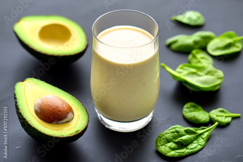 Realistic depiction of a keto diet smoothie made with almond milk, avocado, and spinach, symbolizing a healthy, high-fat, low-carb drink