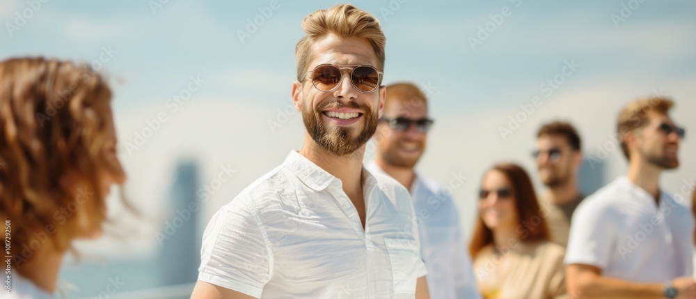 Joyful Summer Gathering Friends Enjoying a Day Out in Sunglasses and Casual Attire Joyful Summer Gathering Friends Enjoying a Day Out in Sunglasses and Casual Attire