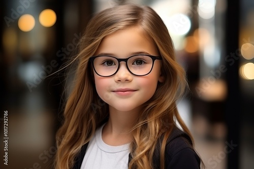 portrait of a cute little girl in eyeglasses, indoor