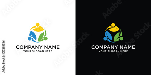 People with Leaf Logo Icon Design. Family and Friendship Logo Inspiration. Cooperation and Teamwork Logo Vector.