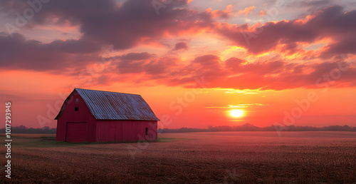 A red barn sits in a field with a beautiful sunset in the background