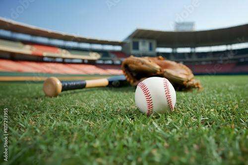 Baseball glove, ball, bat on the ground. Baseball stadium｜グラウンドに置かれたグローブ、ボール、バット。野球スタジアム photo