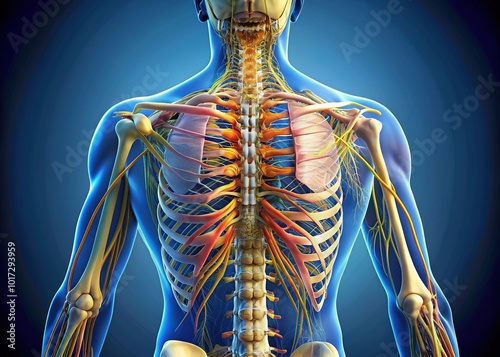  Detailed illustration of human spine anatomy showcasing vertebrae, discs, and nerves in a 3D view, highlighting the skeletal system's intricate structure and complexity. photo