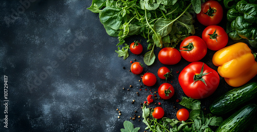 A close up of a variety of vegetables including tomatoes, cucumbers, and peppers