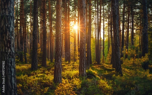 Sunset in the pine forest. Beautiful landscape. Nature composition.