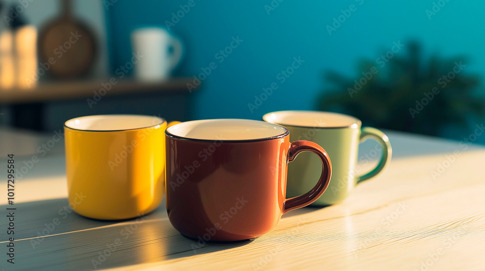 Three colorful cups on a table, illuminated by morning sunlight Three colorful cups on a table, illuminated by morning sunlight