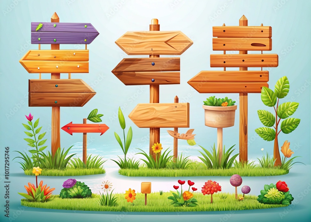 Explore a playful set of wooden signs and pointers, showcasing vector cartoon banners and arrows, ideal for adding unique creative elements to various design projects. Explore a playful set of wooden signs and pointers, showcasing vector cartoon banners and arrows, ideal for adding unique creative elements to various design projects.