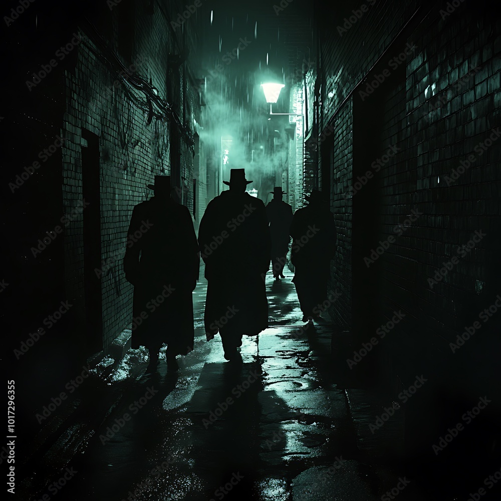 Mysterious Silhouettes Walking in a Dark Alleyway. Mysterious Silhouettes Walking in a Dark Alleyway.