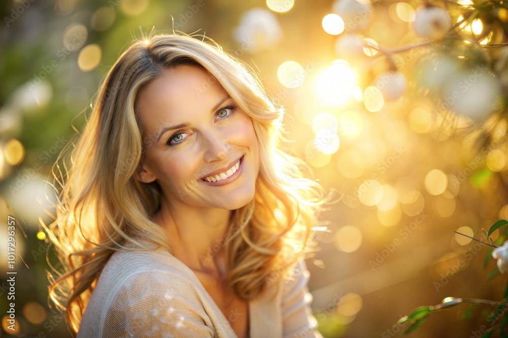 Fototapeta premium Smiling blonde woman in golden light