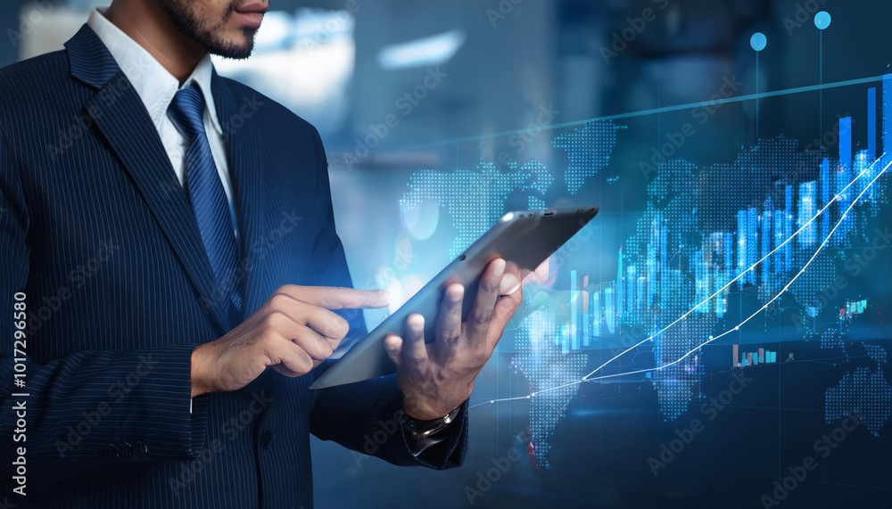 Evolution of Market Clouds Data Concept, Laptop With Hologram Projection, Business Man Evolution of Market Clouds Data Concept, Laptop With Hologram Projection, Business Man