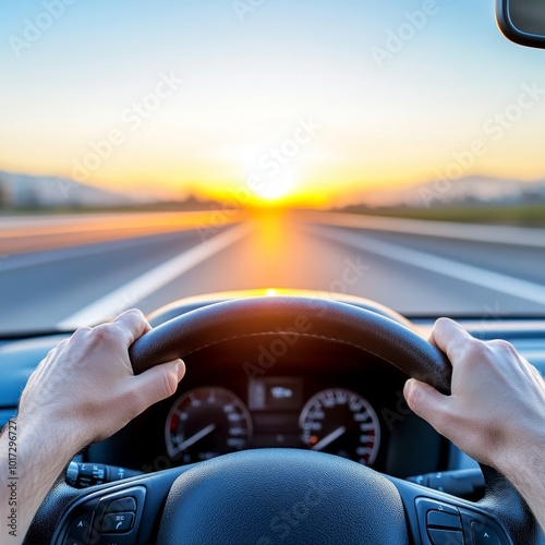 Driving into the Sunset on a Highway